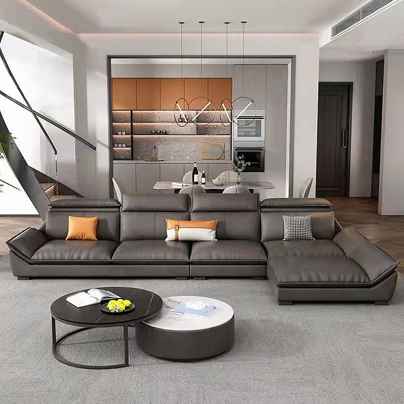 Interior Armrest with Pillow Back Sofa Grey Solid Wood Frame Leather Sofa Bed