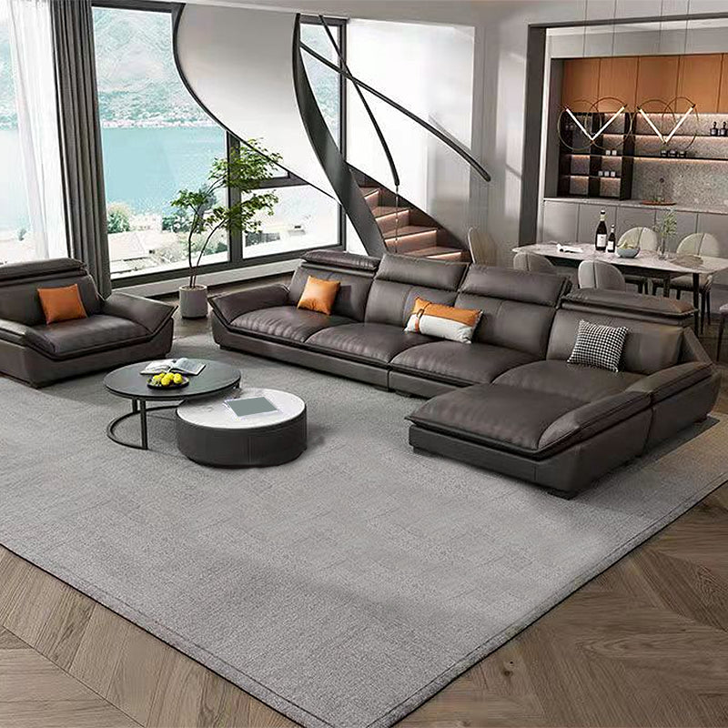 Interior Armrest with Pillow Back Sofa Grey Solid Wood Frame Leather Sofa Bed