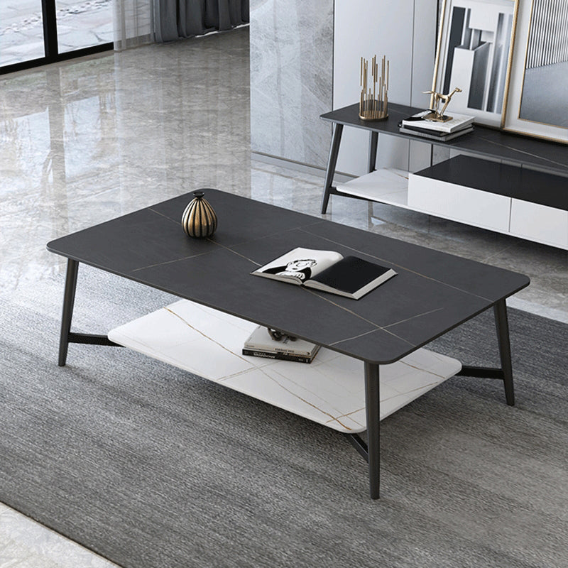 Modern Coffee Table with Storage Shelf and Black Metal Cross Base