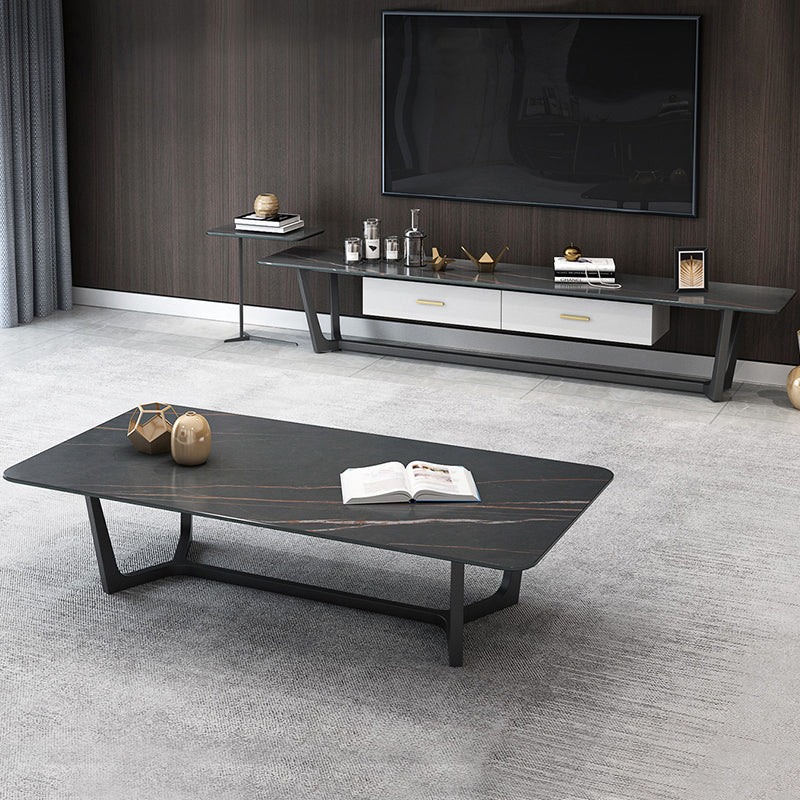 Modern Style Rectangular Slate Table with Metal Trestle Type Base Coffee Table