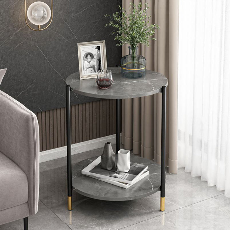 Faux Stone Round End Table Shelf Included Side Table in Black/Grey