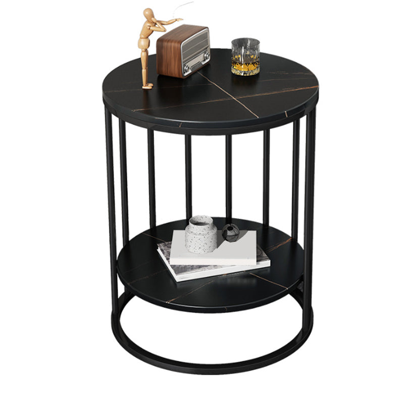 Faux Stone Round End Table Shelf Included Side Table in Black/Grey