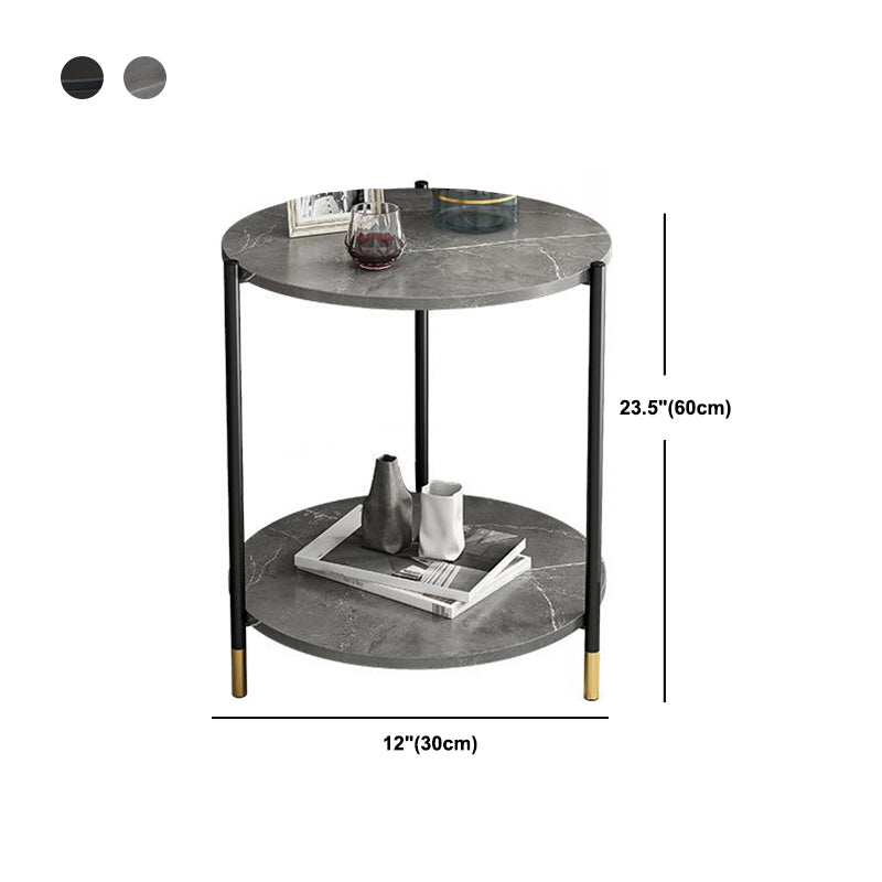 Faux Stone Round End Table Shelf Included Side Table in Black/Grey