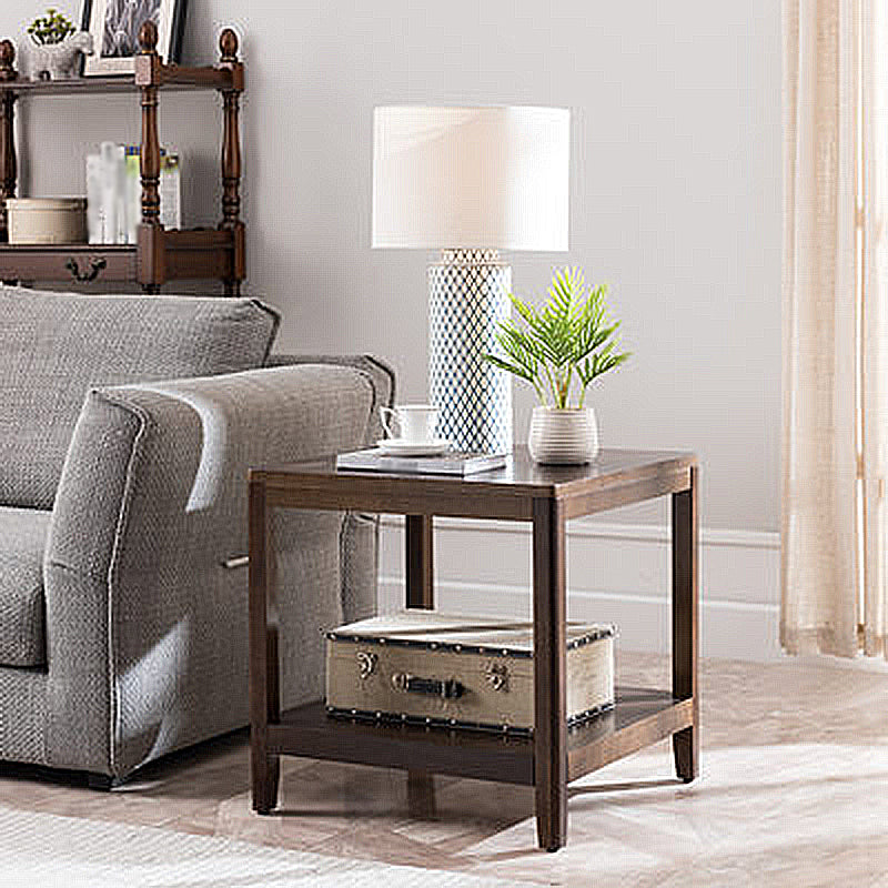 Farmhouse Square Wood Top End Table Double Tier Sofa Side Table with Storage