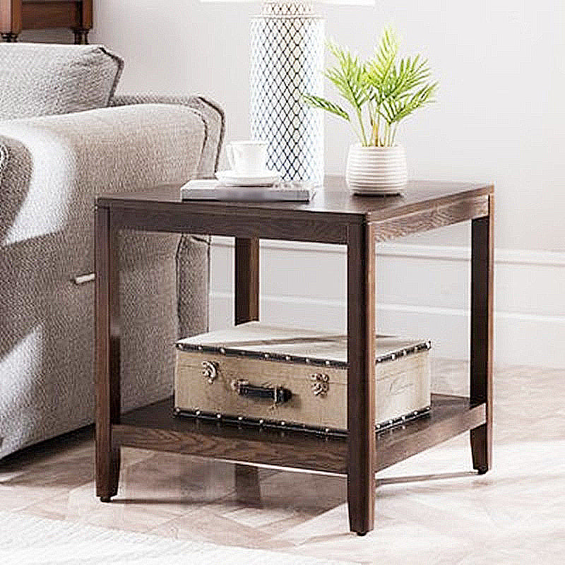 Farmhouse Square Wood Top End Table Double Tier Sofa Side Table with Storage