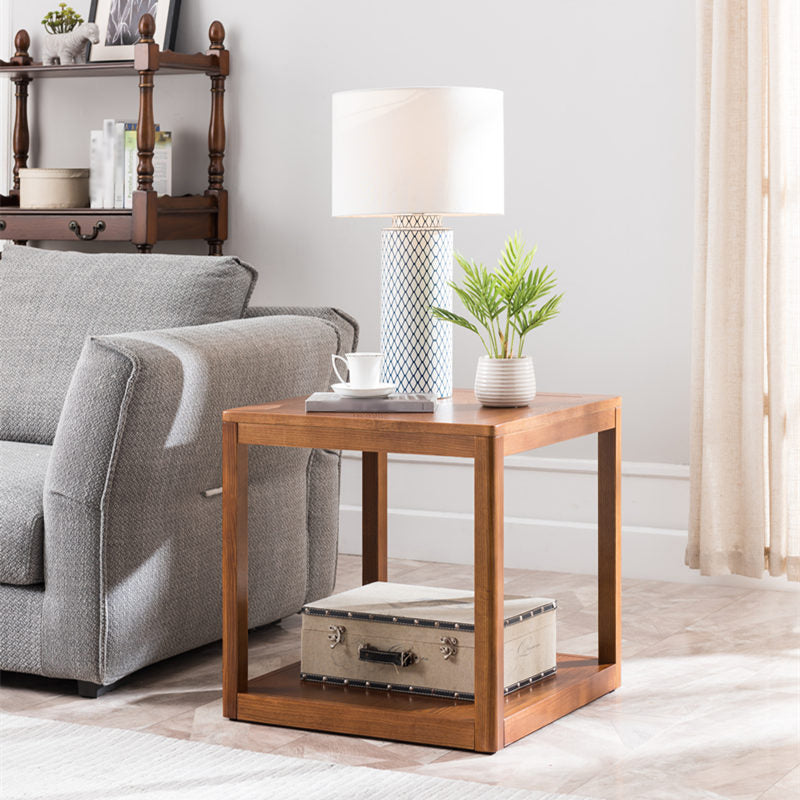 Farmhouse Square Wood Top End Table Double Tier Sofa Side Table with Storage