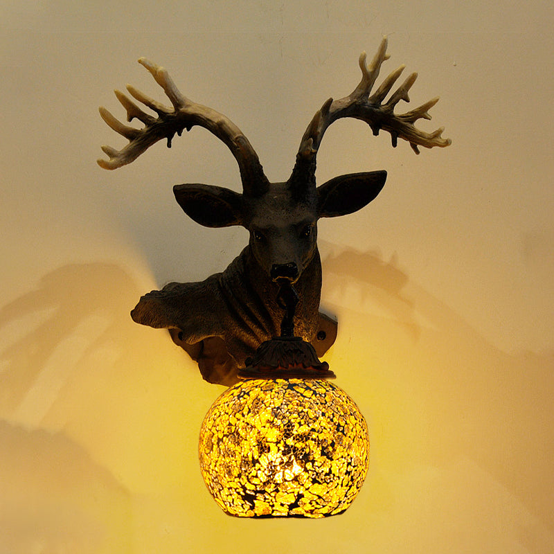 1 Light Wall Lighting Mediterranean Globe Stained Glass Sconce Light in Silver/White/Beige with Deer Head Deco