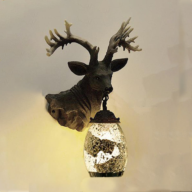 1 Light Wall Lighting Mediterranean Globe Stained Glass Sconce Light in Silver/White/Beige with Deer Head Deco