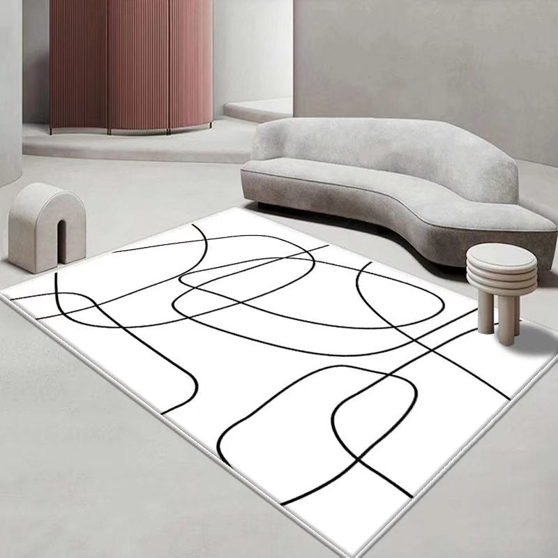 White Modern Rug Polyester Abstract Line Rug Stain Resistant Rug for Sitting Room