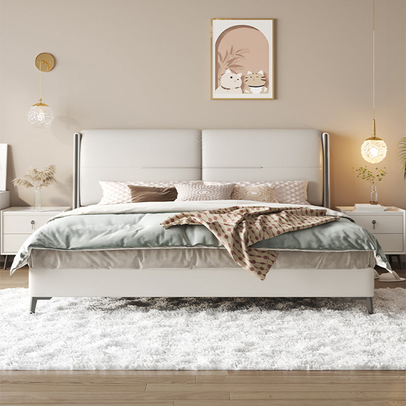 Modern Wood Panel Bed Beige Genuine Leather Standard Bed with Upholstered Headboard
