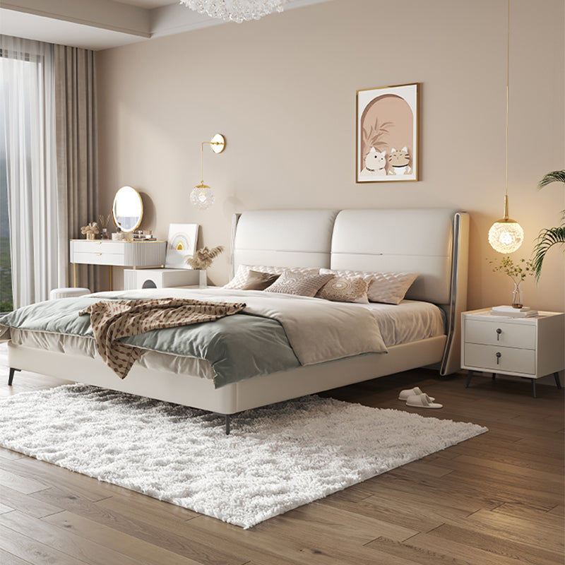 Modern Wood Panel Bed Beige Genuine Leather Standard Bed with Upholstered Headboard