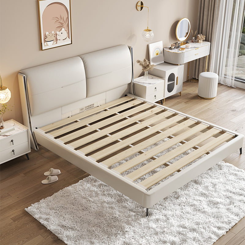 Modern Wood Panel Bed Beige Genuine Leather Standard Bed with Upholstered Headboard