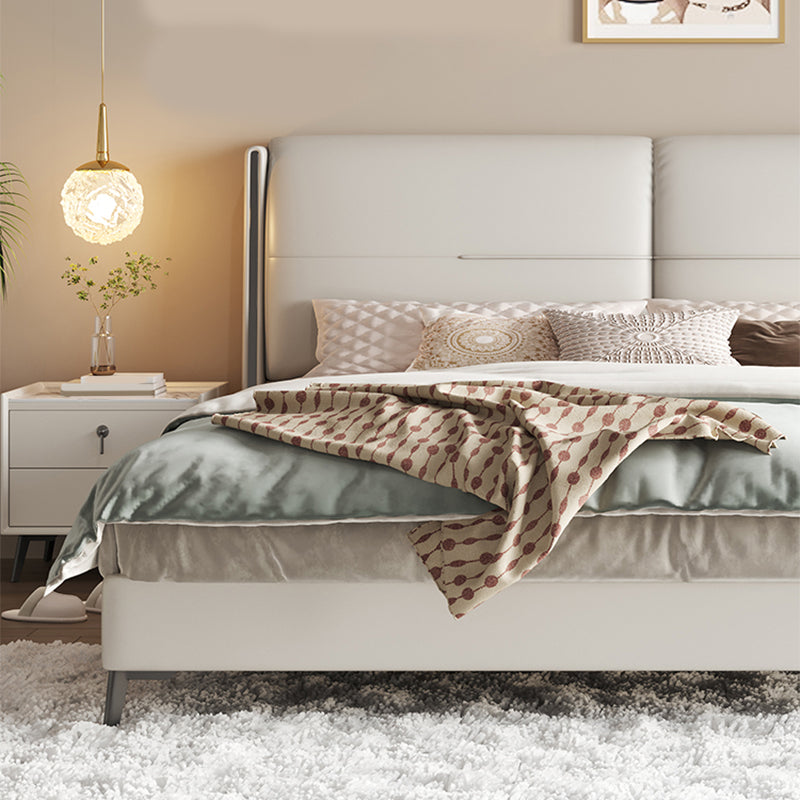 Modern Wood Panel Bed Beige Genuine Leather Standard Bed with Upholstered Headboard