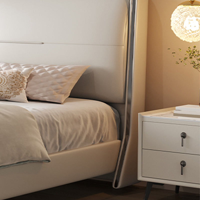 Modern Wood Panel Bed Beige Genuine Leather Standard Bed with Upholstered Headboard
