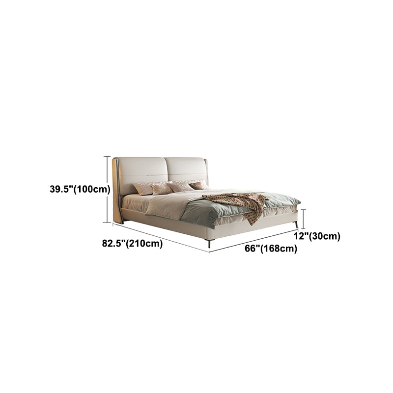 Modern Wood Panel Bed Beige Genuine Leather Standard Bed with Upholstered Headboard