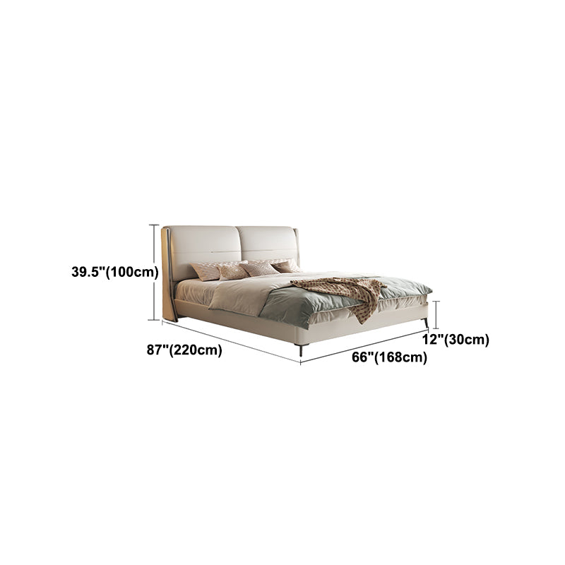 Modern Wood Panel Bed Beige Genuine Leather Standard Bed with Upholstered Headboard