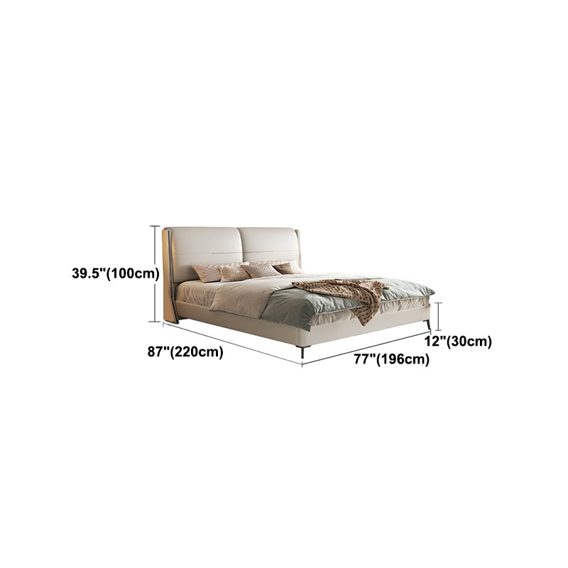 Modern Wood Panel Bed Beige Genuine Leather Standard Bed with Upholstered Headboard