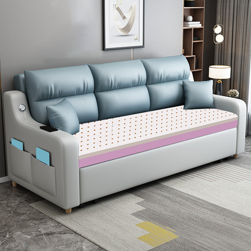 Contemporary Stain Resistant Sofa Bed Faux Leather Couch Bed in Blue