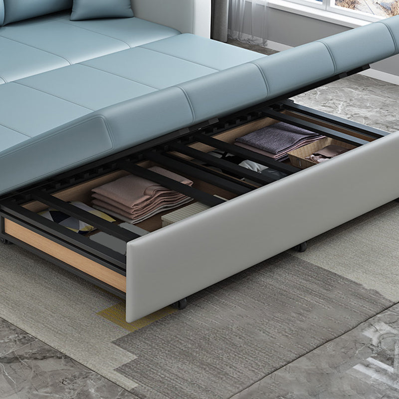 Contemporary Stain Resistant Sofa Bed Faux Leather Couch Bed in Blue