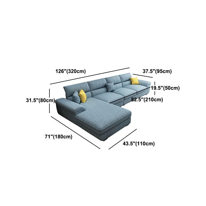 Blue L-Shape Sectional with Pillow Top Arm and Pillows Back for Four People