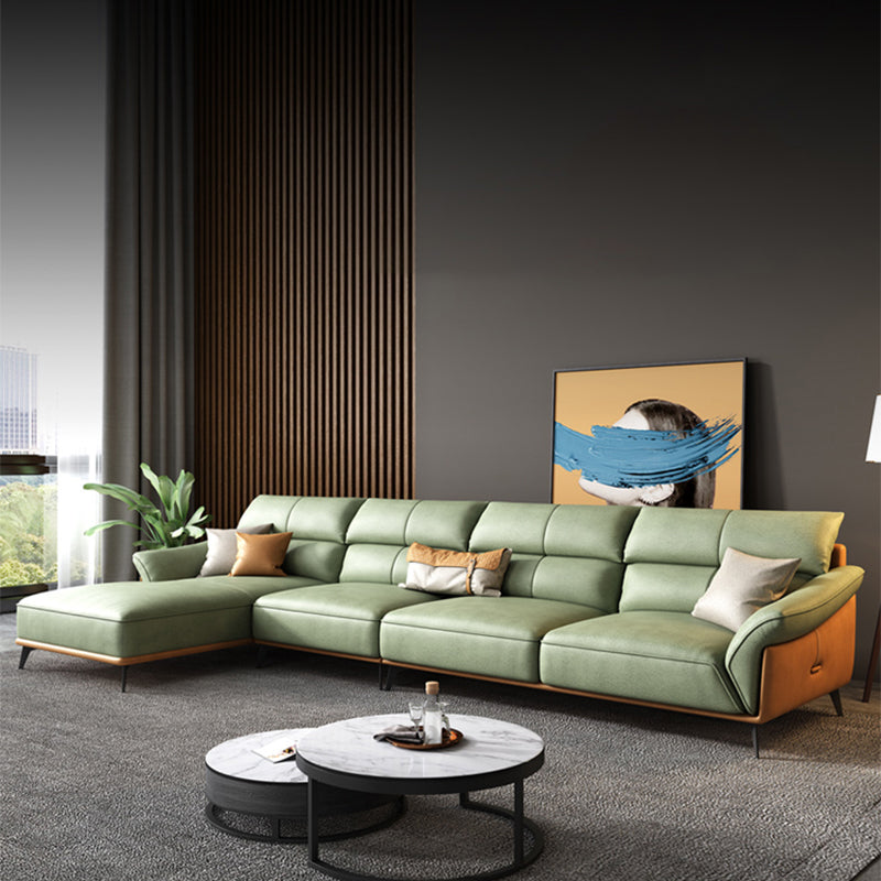 Pillow Arms Sectional Green Modern Faux Leather Living Room Sofa & Chaise