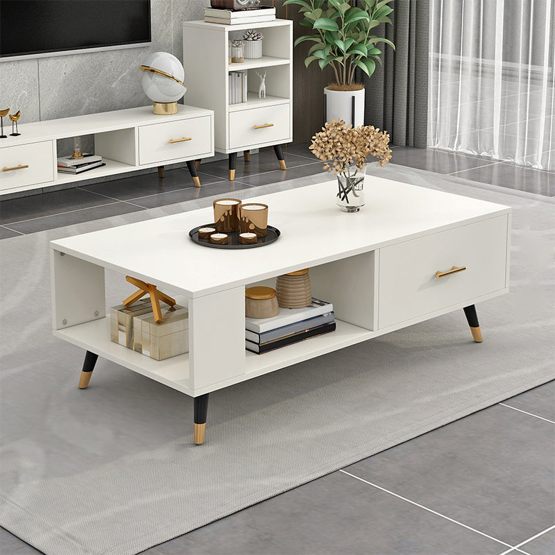 Modern Rectangular Coffee Table with Storage Wooden 4 Legs Cocktail Table