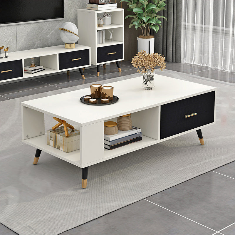 Modern Rectangular Coffee Table with Storage Wooden 4 Legs Cocktail Table