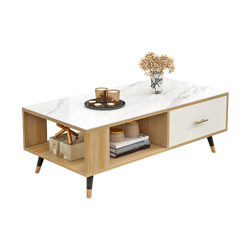 Modern Rectangular Coffee Table with Storage Wooden 4 Legs Cocktail Table