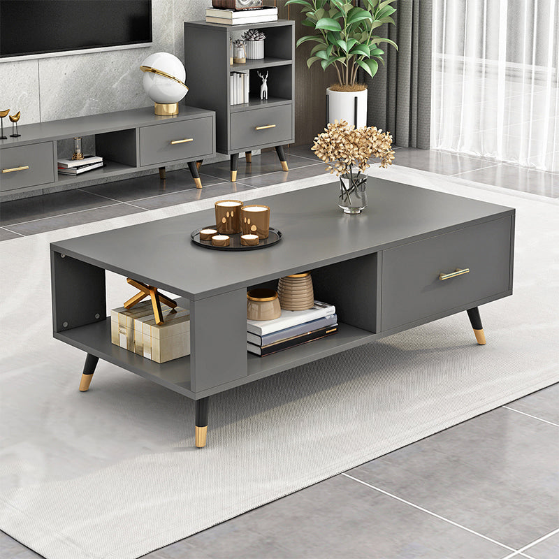 Modern Rectangular Coffee Table with Storage Wooden 4 Legs Cocktail Table