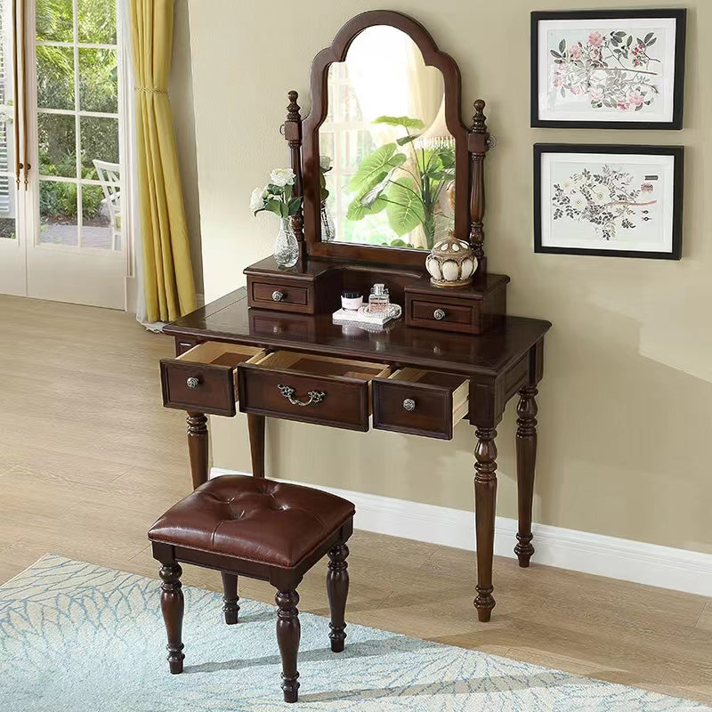 17.7"Wide Wood Makeup Vanity Set with Drawers and Mirror, Brown