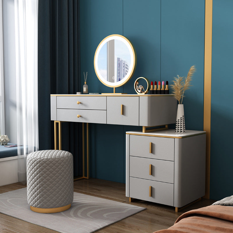 Stone Top Vanity Desk with 6 Drawers, Metallic White/Grey, 15.75" D x 30.71" H