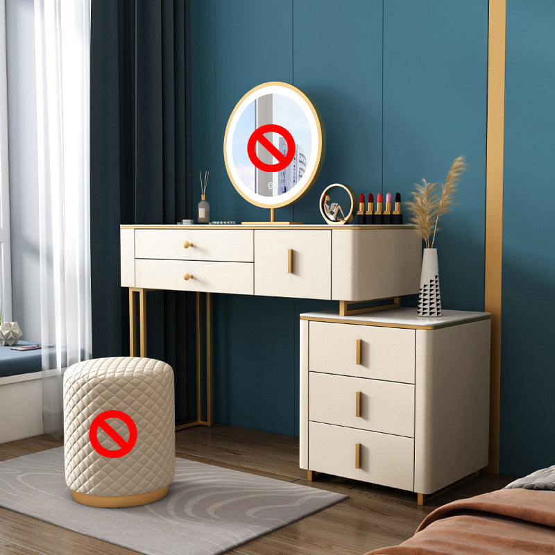 Stone Top Vanity Desk with 6 Drawers, Metallic White/Grey, 15.75" D x 30.71" H