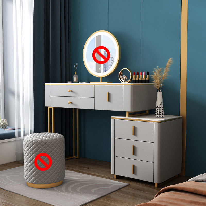 Stone Top Vanity Desk with 6 Drawers, Metallic White/Grey, 15.75" D x 30.71" H