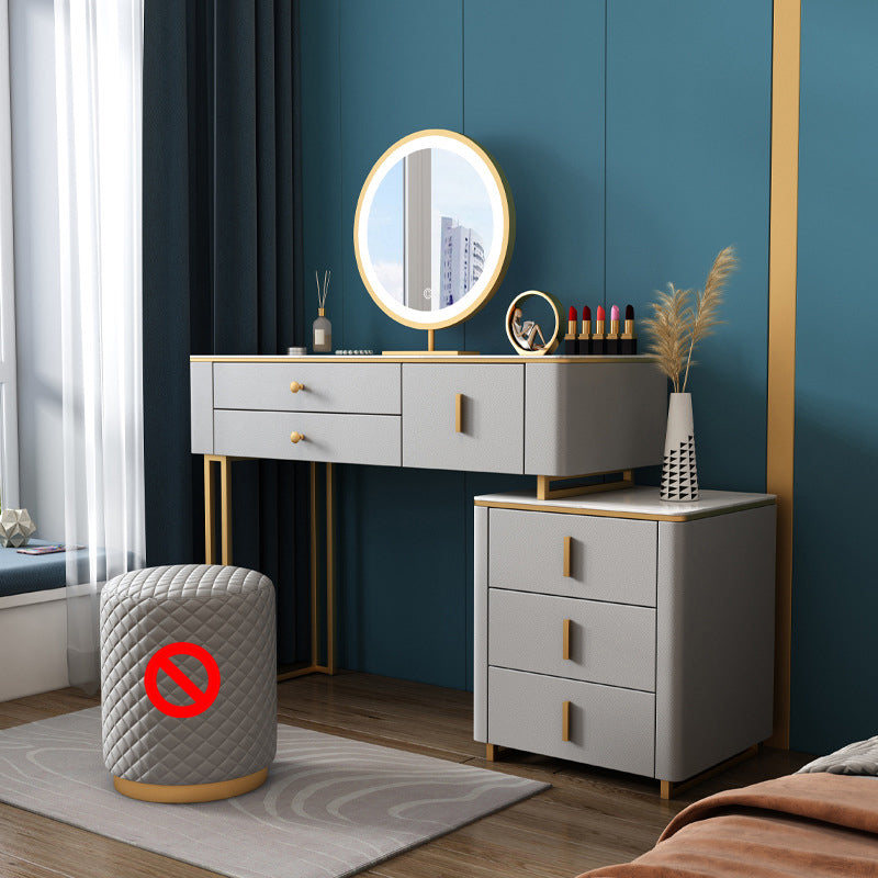Stone Top Vanity Desk with 6 Drawers, Metallic White/Grey, 15.75" D x 30.71" H