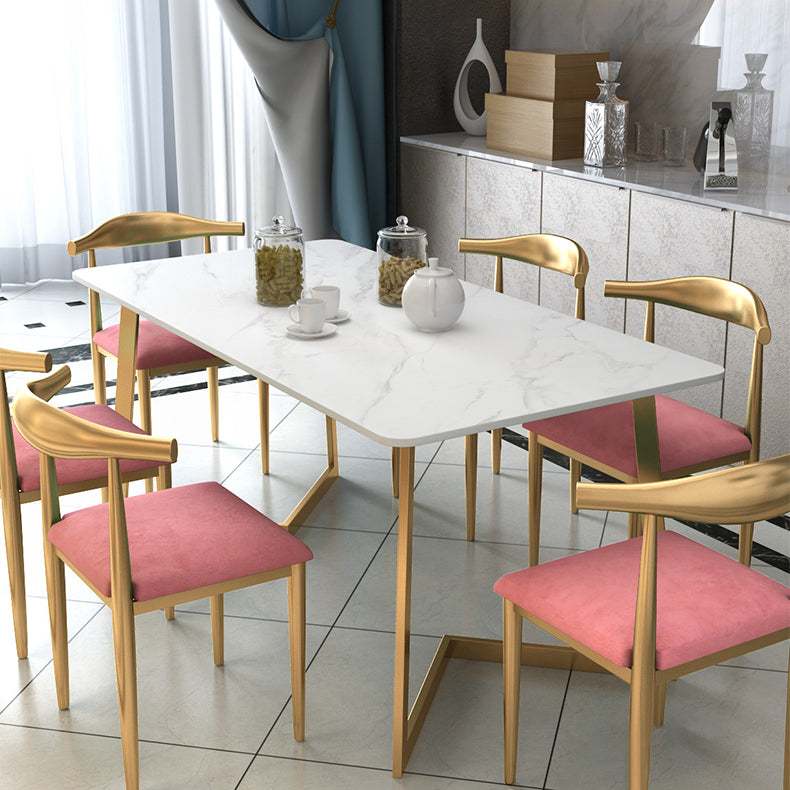 Glam White and Gold Dinette Set 1/2/5/7 Pieces Rectangle Stone Dining Table Set