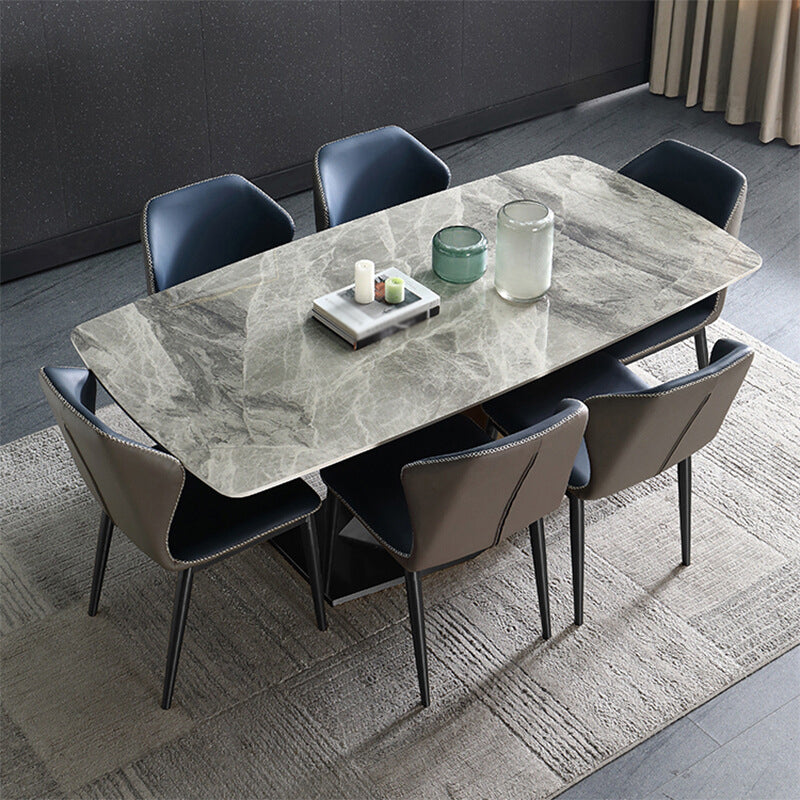 Luxury Sintered Stone Top Dining Table Rectangle Dining Table with Metal Pedestal in Black