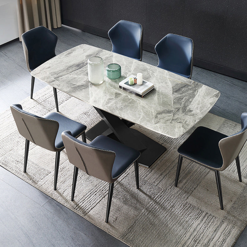Luxury Sintered Stone Top Dining Table Rectangle Dining Table with Metal Pedestal in Black