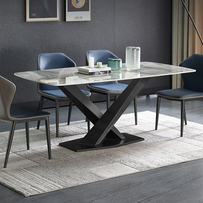 Luxury Sintered Stone Top Dining Table Rectangle Dining Table with Metal Pedestal in Black