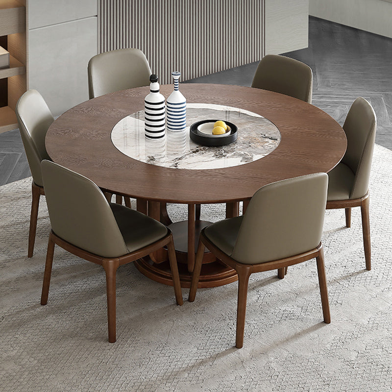 Walnut Color Solid Wood Round Dining Table Round Turntable Furniture with Pedestal Base