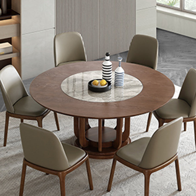 Walnut Color Solid Wood Round Dining Table Round Turntable Furniture with Pedestal Base