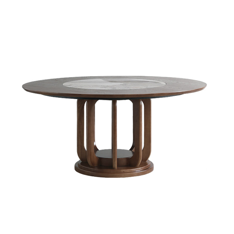Walnut Color Solid Wood Round Dining Table Round Turntable Furniture with Pedestal Base