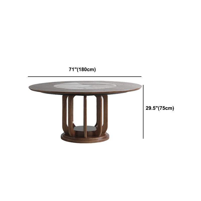 Walnut Color Solid Wood Round Dining Table Round Turntable Furniture with Pedestal Base