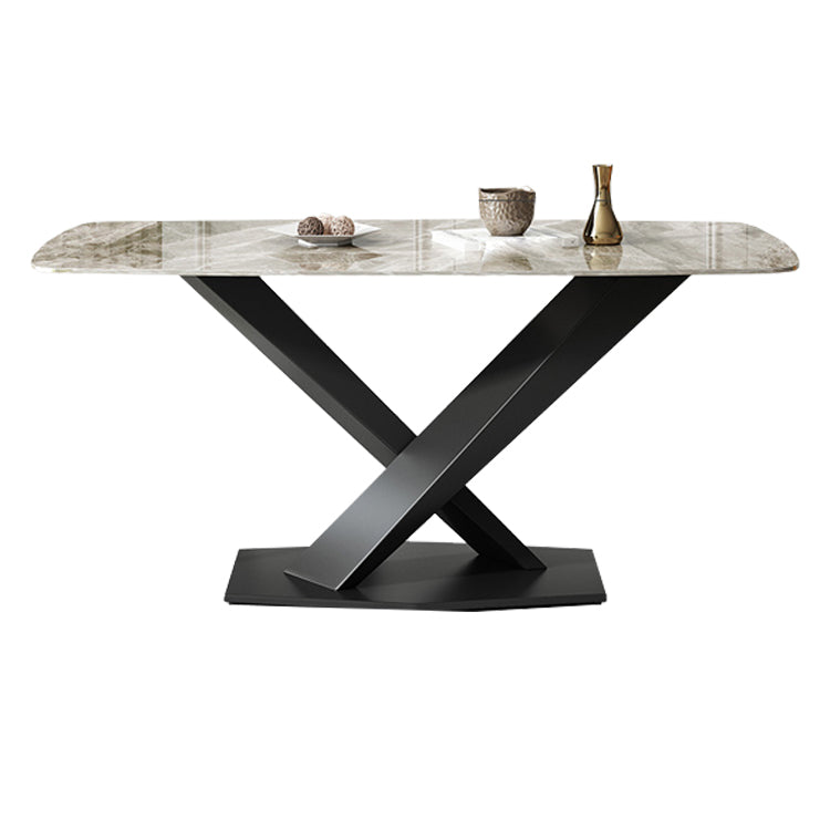 Modern Pedestal Casual Dining Table Stone Top Black Frame Dining Site Table