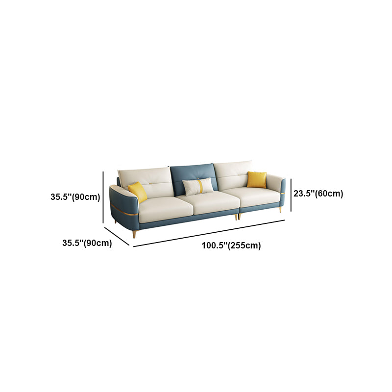 Glam Faux Leather Sofa Blue and Beige Square Arm Sofa with Pillows