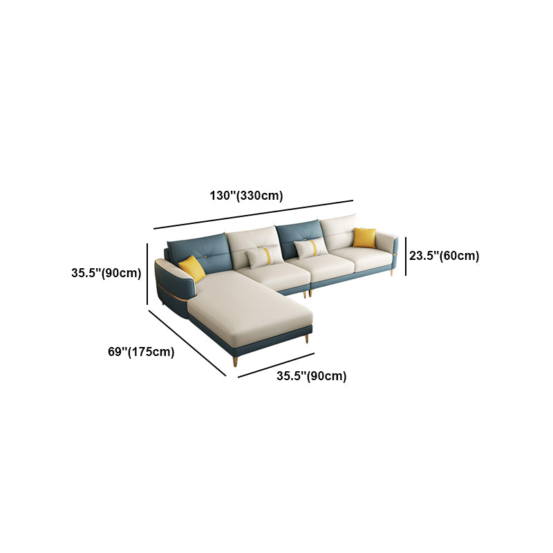 Glam Faux Leather Sofa Blue and Beige Square Arm Sofa with Pillows