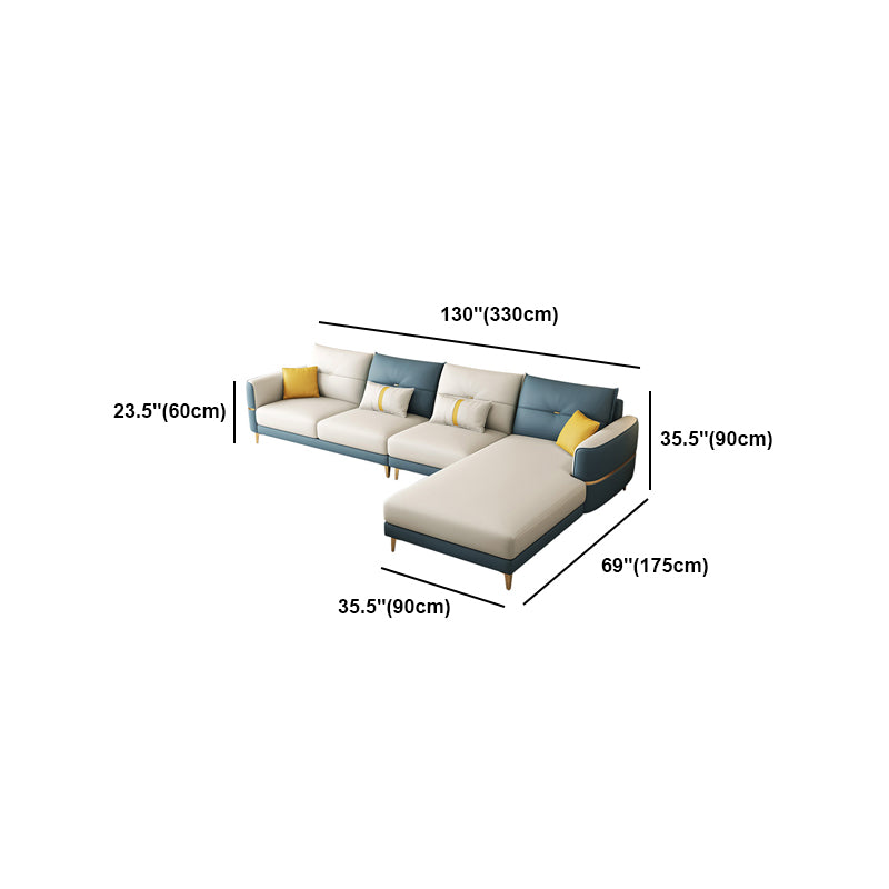 Glam Faux Leather Sofa Blue and Beige Square Arm Sofa with Pillows