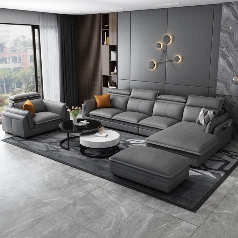 Contemporary Wood and Faux Leather Sofa & Chaise Square Arm Sofa