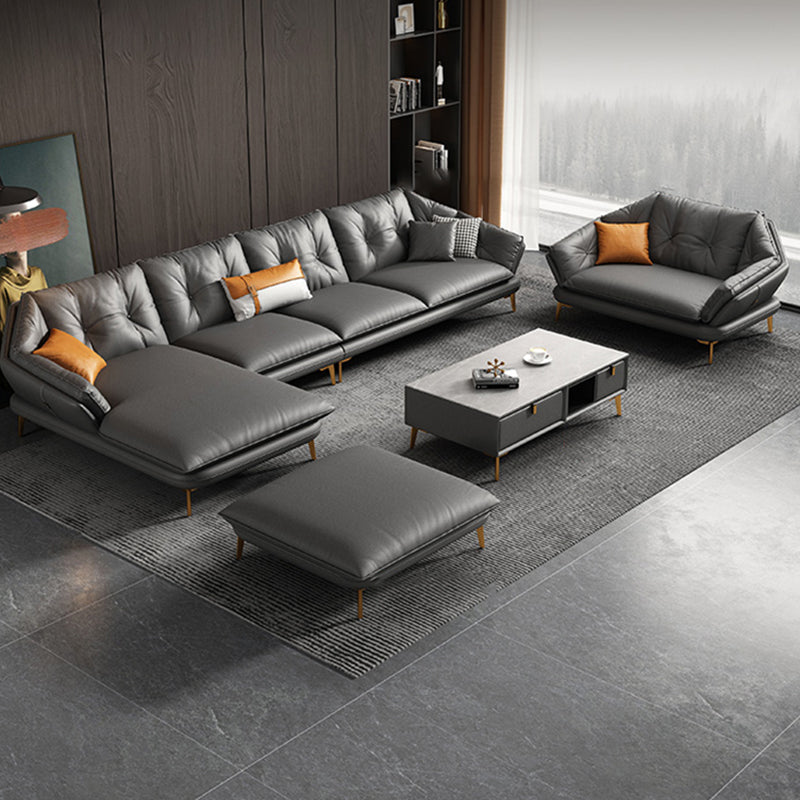 Modern 4-seat Faux Leather Sofa & Chaise Grey Sloped Arm Sofa