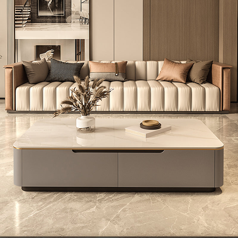 Iron Pedestal Base Coffee Table with Storage Drawers and Slate Top