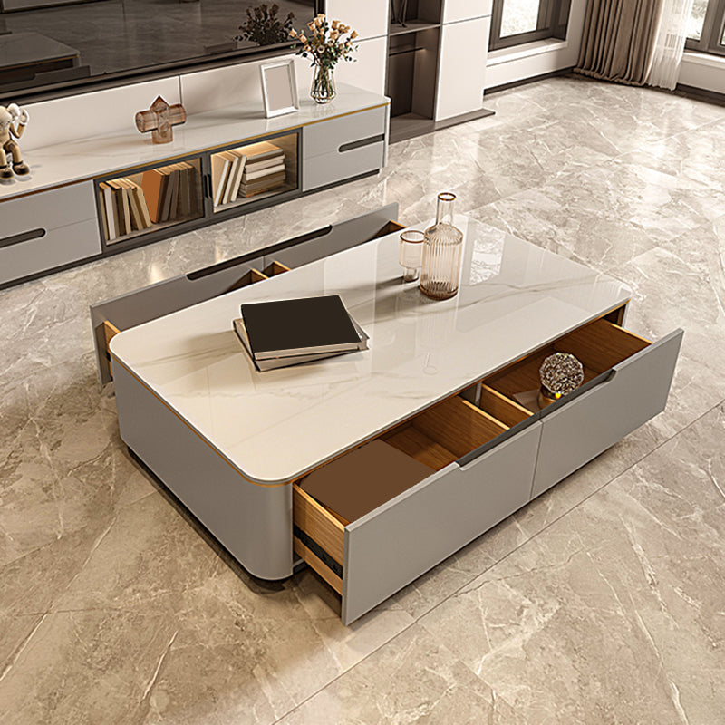 Iron Pedestal Base Coffee Table with Storage Drawers and Slate Top